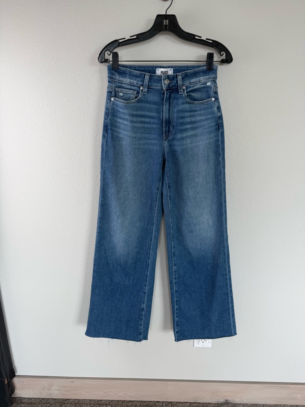 PAIGE Anessa High Rise Wide Leg Raw Hem Jeans  Flamenco Distressed Denim 25 - Picture 3 of 13